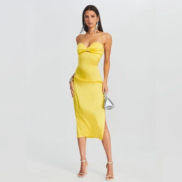 SER.O.YA | Dresses | Seroya Claude Silk Midi Halter Dress Xs Green Sheen  Yellow | Poshmark